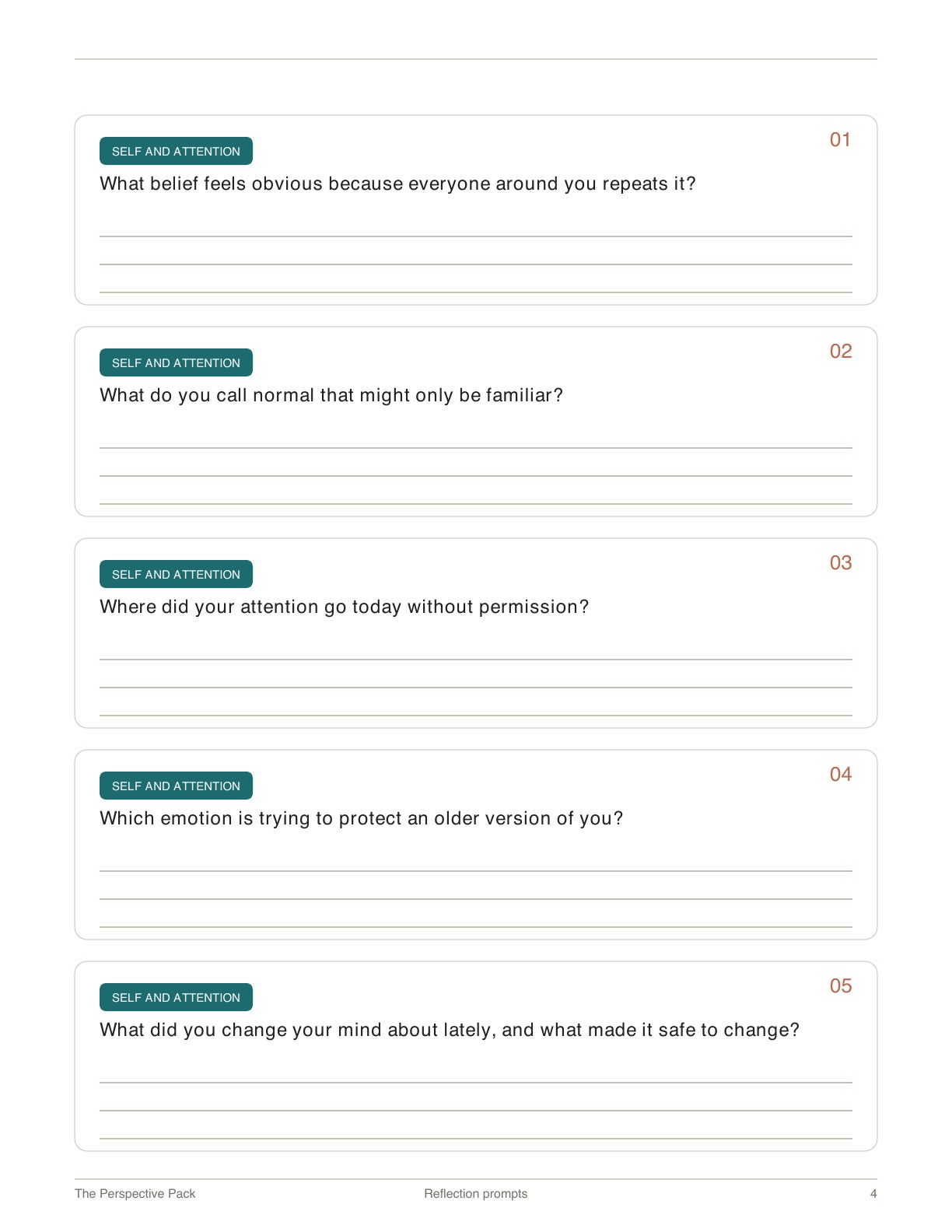 Perspective Pack preview page 4: five self and attention prompts