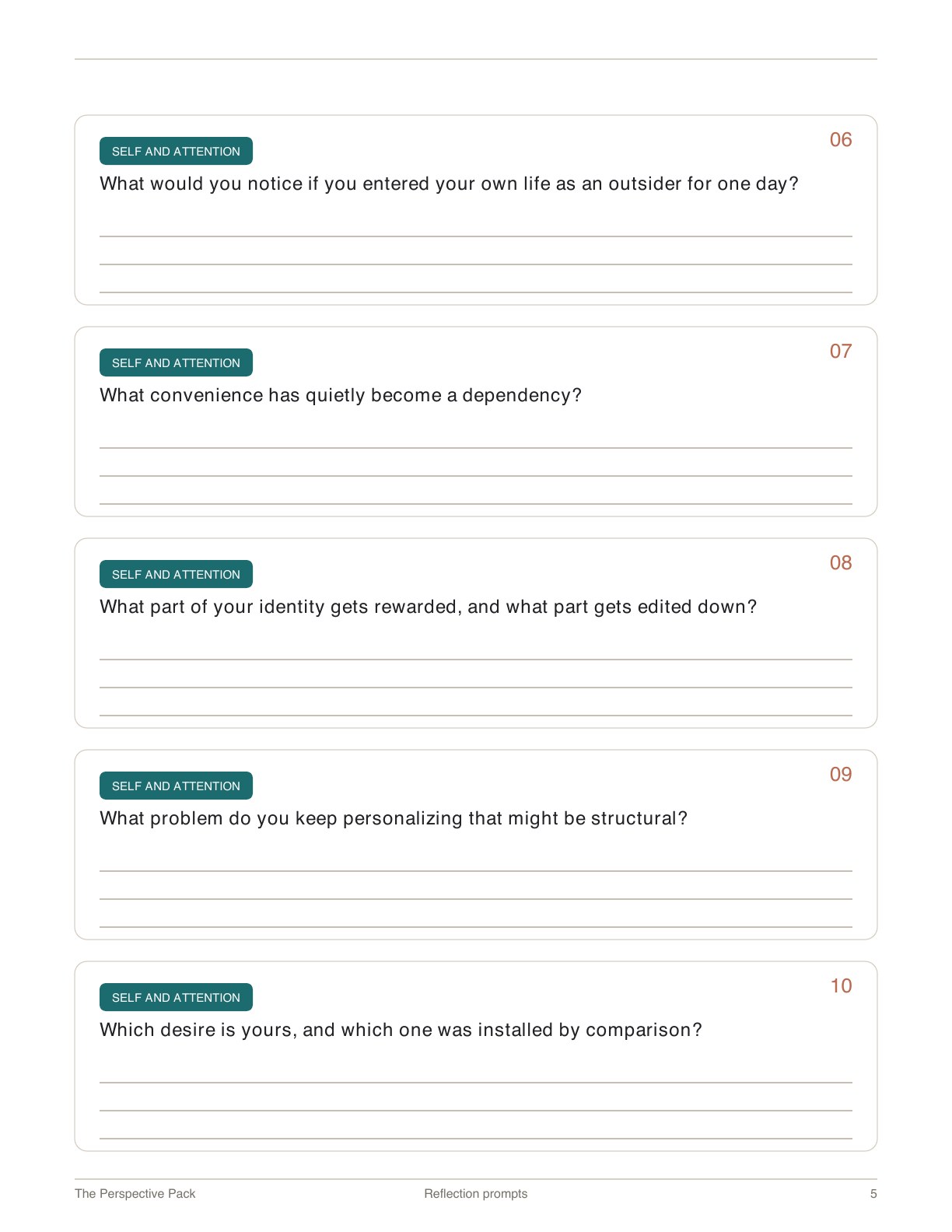 Perspective Pack preview page 5: five additional self and attention prompts